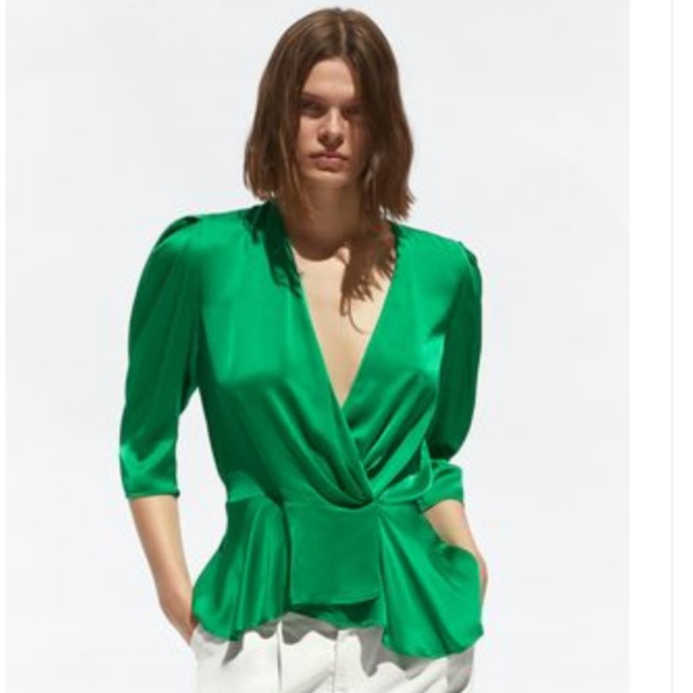 ZARA New Satin Wrap Blouse - Emerald Green - S